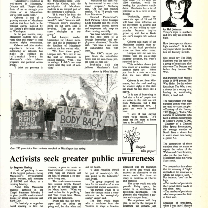 Articles on pro-choice, activists, and column by Hal Johnson, in Mac Weekly, Feb 9, 1990